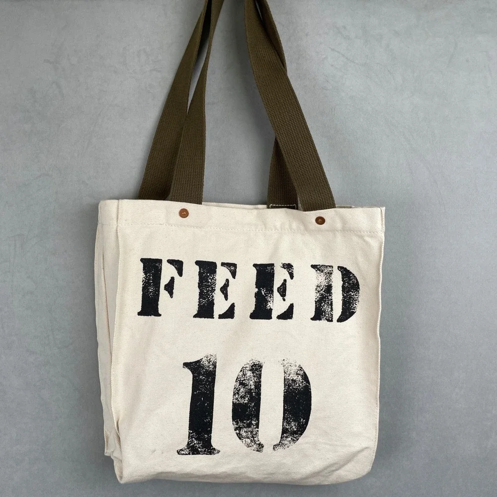 FEED 10 Canvas Tote Bag Natural Off-White Olive Green Straps Bulldog Drummond‎